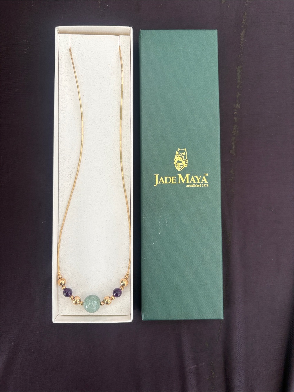 Jade Maya jewelry Gold Necklace with Green Jade and Purple Amethyst Beads